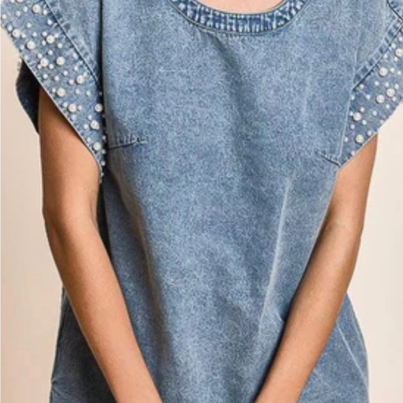 Free people- Bibi Denim Pearl Detail Mini Dress- Womens Size M #510-10 - Picture 4 of 14